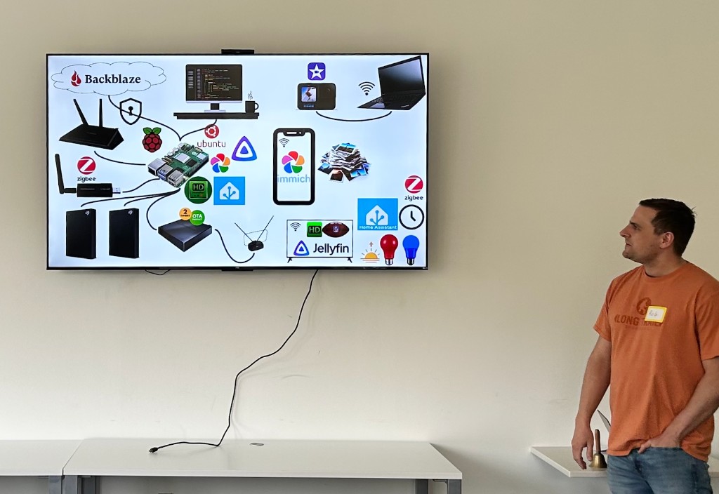 A member standing beside a screen diagramming a self-hosted home server built from a Raspberry Pi, external drives, and open-source apps.